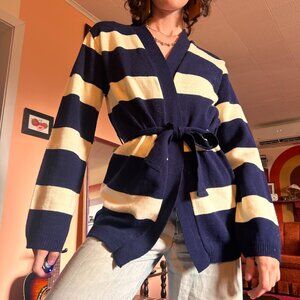 1970s bellsleeve Bon Ton knit dark striped white cardigan with belt - made in Ca